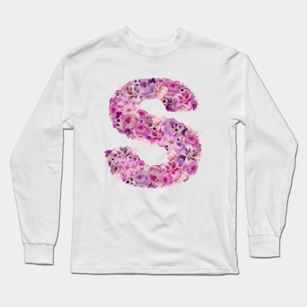 Pink Floral Letter S Long Sleeve T-Shirt by HayleyLaurenDesign